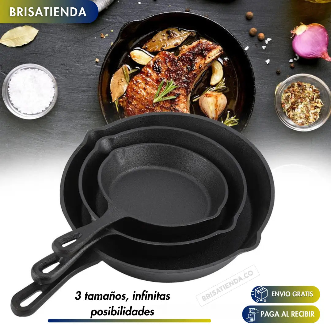 Set X 3 Sartenes De Hierro Fundido ChefCast + SET DE UTENSILIOS+ 3 FUNDAS GRATIS TKT