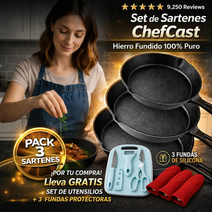 Set X 3 Sartenes De Hierro Fundido ChefCast + SET DE UTENSILIOS+ 3 FUNDAS  GRATIS TKT