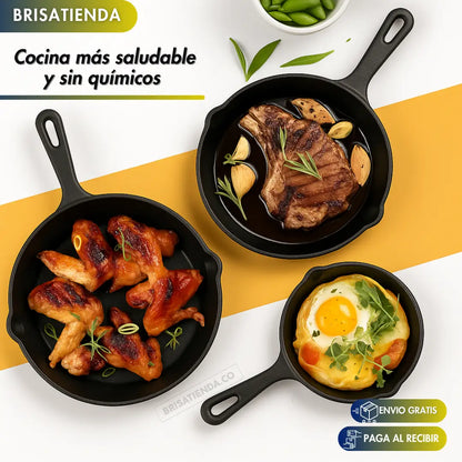 Set X 3 Sartenes De Hierro Fundido ChefCast + 3 FUNDAS  GRATIS+ Guía de Curado y Recetario