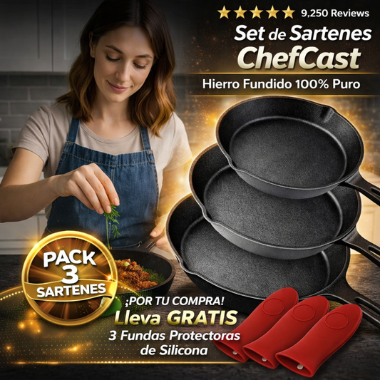 Set X 3 Sartenes De Hierro Fundido ChefCast + 3 FUNDAS  GRATIS+ Guía de Curado y Recetario