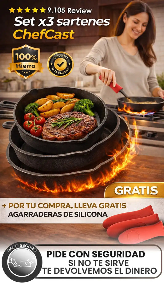 Set X 3 Sartenes De Hierro Fundido ChefCast + 3 FUNDAS  GRATIS+ Guía de Curado y Recetario