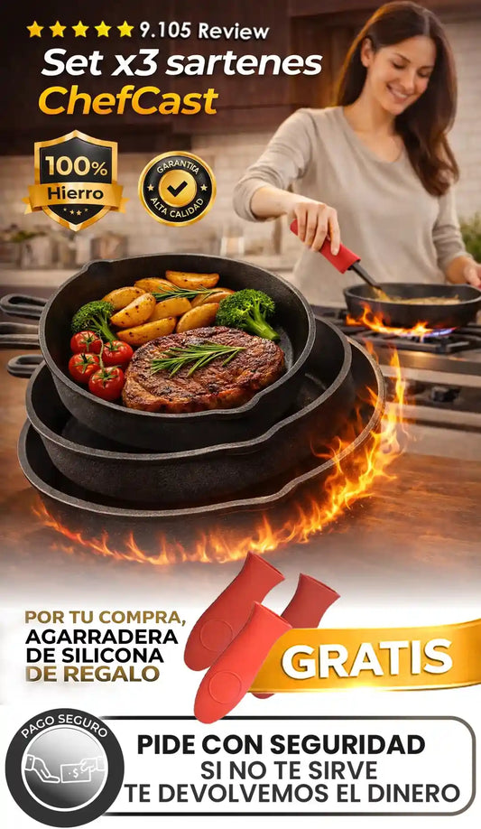 Set X 3 Sartenes De Hierro ChefCast + 3 FUNDAS  GRATIS+ Guía de Curado y Recetario