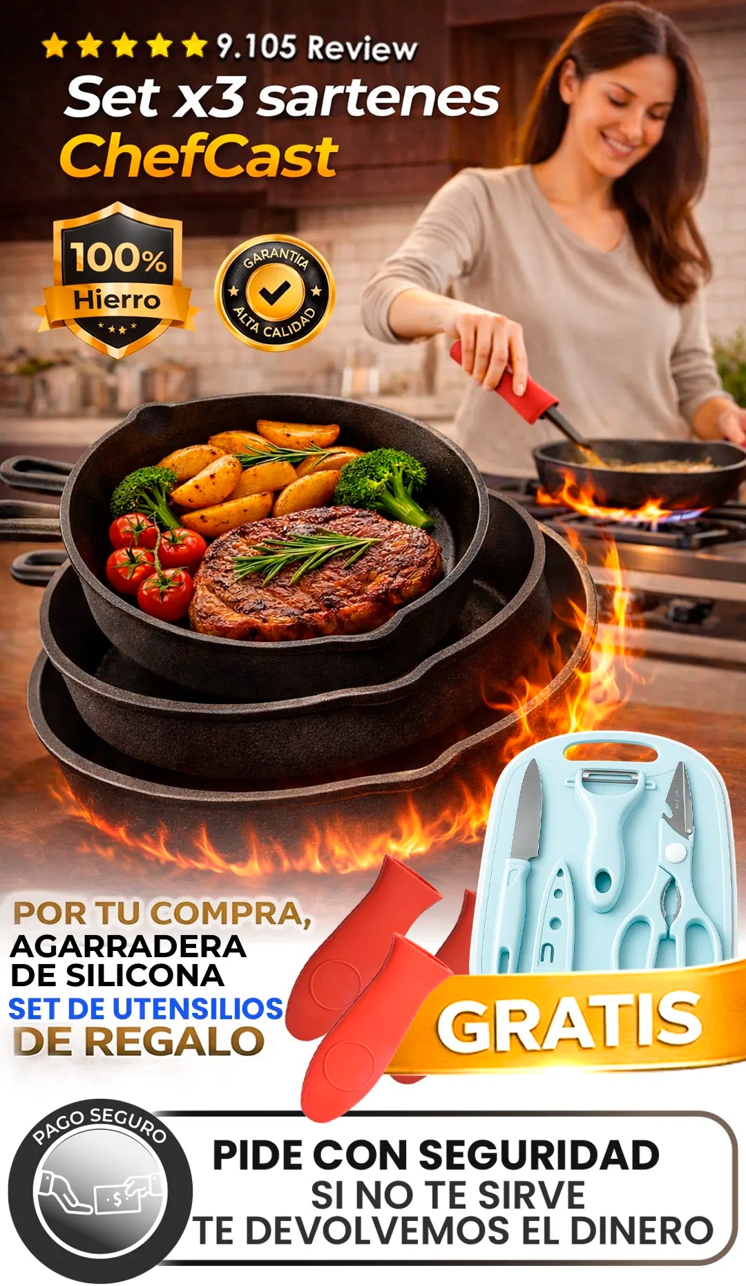Set X 3 Sartenes De Hierro ChefCast + 3 FUNDAS  GRATIS+ Guía de Curado y Recetario